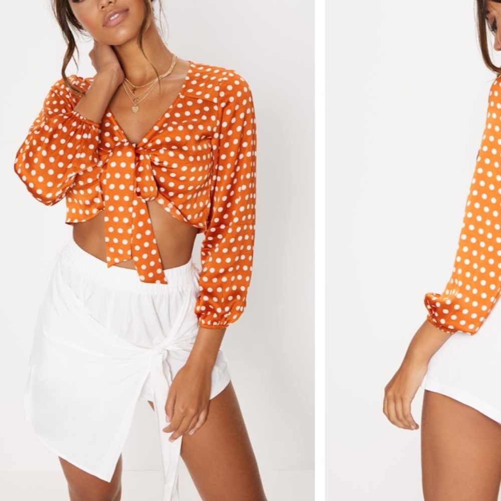 PRETTYLITTLETHING burnt orange polka dot crop top